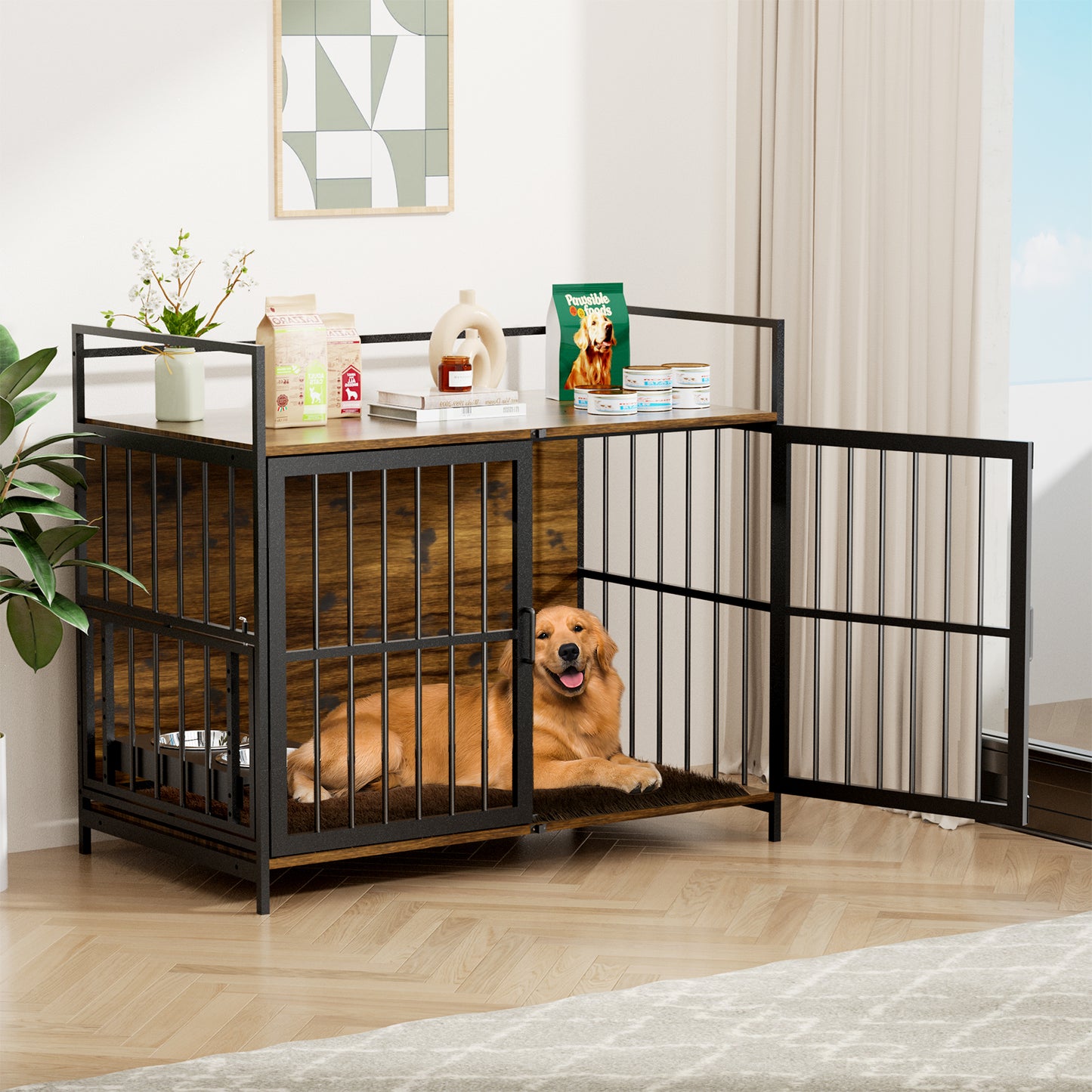 Dog Cage Furniture with Cushion, Dog Kennel Indoor with Rotating Feeder Bowls, Heavy Duty Indoor Puppy Cage Kennel for Medium to Large Dogs, 41' L X 23.6' W 35.8' H, Brown