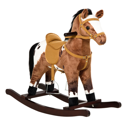 Kids Metal Plush Ride-On Rocking Horse Chair Toy with Realistic Sounds in Dark Brown and White