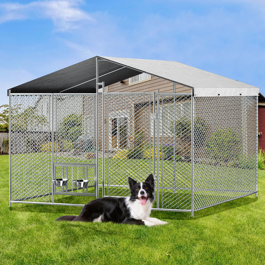 7.5'x7.5' Outside Dog Kennel with Roof Large Metal Chicken Coop with 2 Rotating Bowls and Updated Secure Lock Heavy Duty Dog Kennel for Outdoor Backyard Farm Use