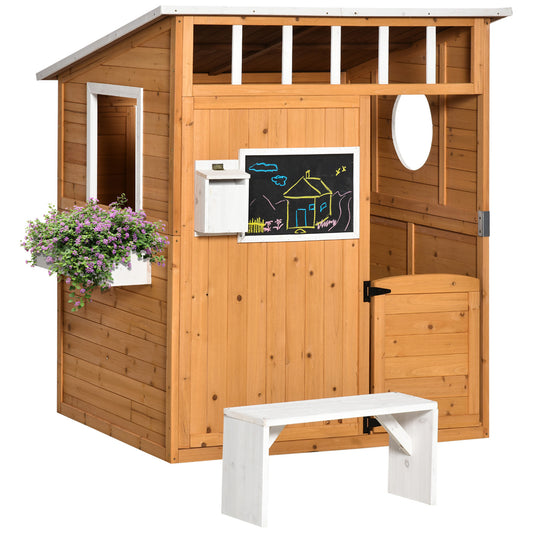 Wooden Playhouse for Kids Outdoor with Working Door, Windows, Mailbox, Bench, Flowers Pot Holder, 48' x 42.5' x 53'