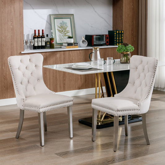 Collection Modern, High-end Tufted Solid Wood Contemporary Velvet Upholstered Dining Chair with Chrome Stainless Steel Plating Legs,Nailhead Trim,Set of 2，Beige and Chrome, SW1701BG
