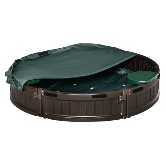 Kids Outdoor Sandbox with Cover Garden Bed, Easy Assembly Children's Round Sandbox for Backyard, Brown, 48.5' x 48.5' x 8.75'