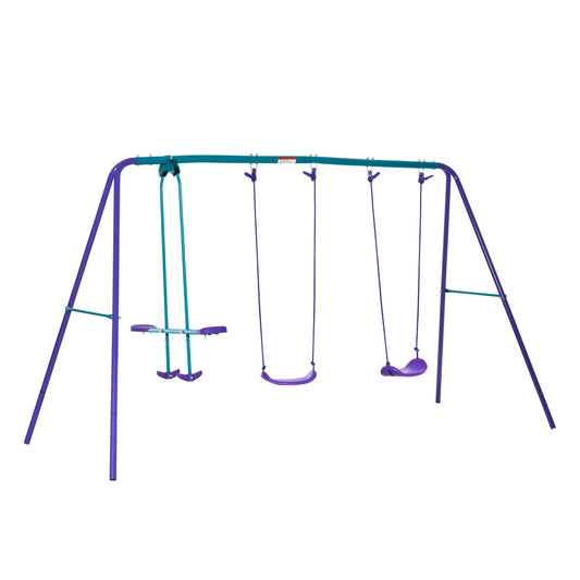 Metal Swing Set with Glider, Two Swing Seats and Adjustable Height, Outdoor Heavy Duty A-Frame Suitable for Playground, Backyard, Purple