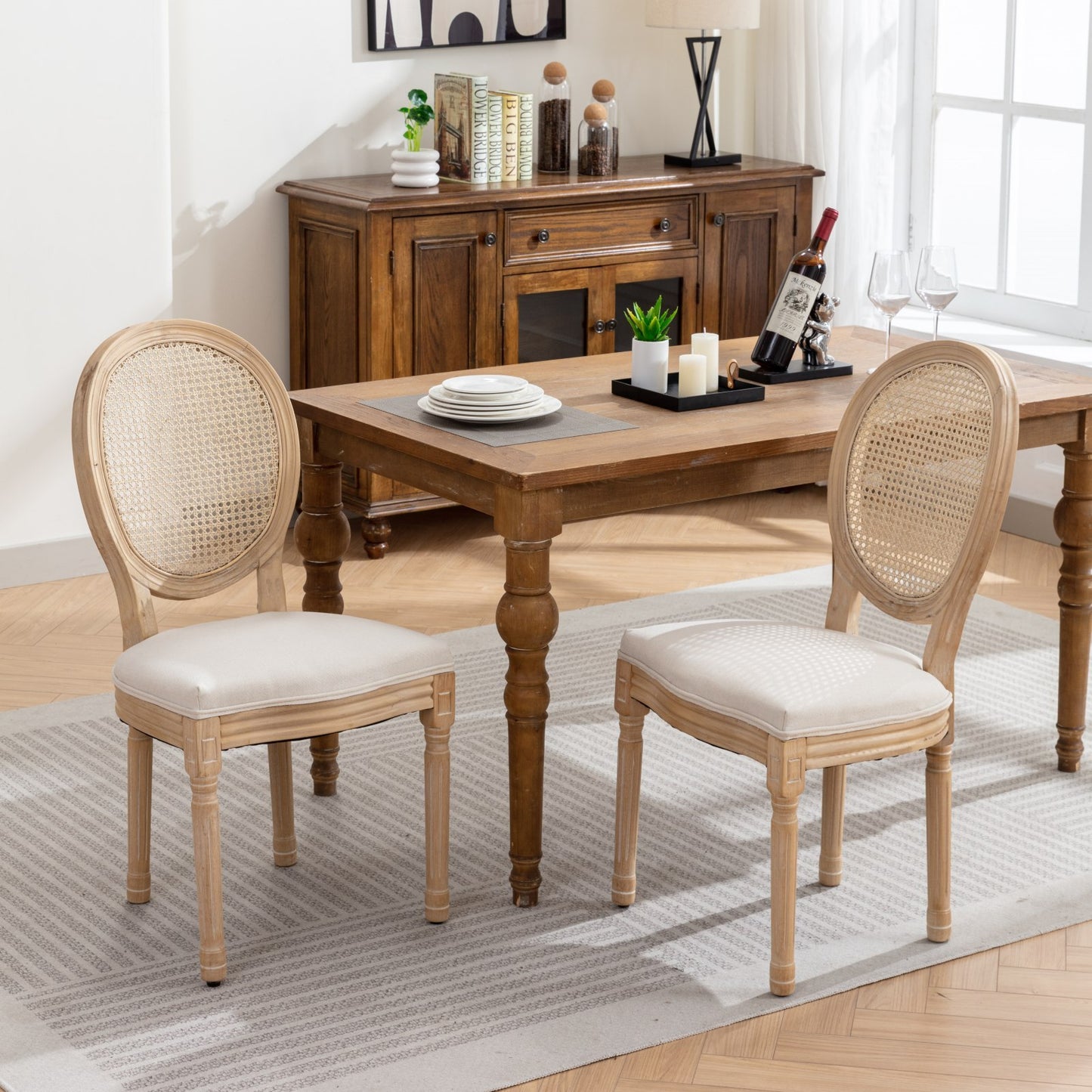 Furniture,French Style Solid Wood Frame Antique Painting Linen Fabric Rattan Back Dining Chair,Set of 2,Cream,Beige