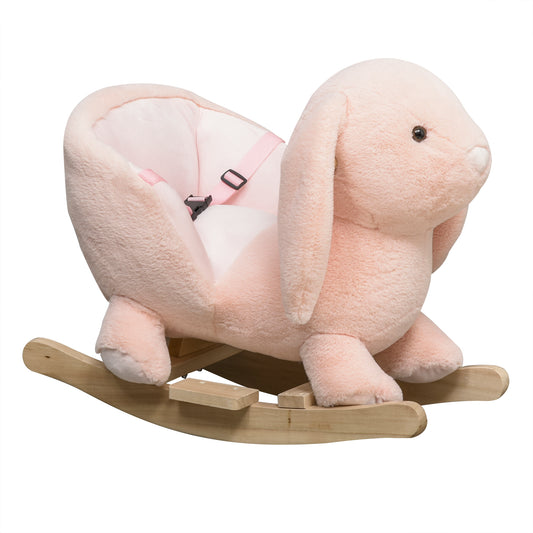 Rabbit Wooden Rocking Horse with Simulated Sound, Wooden Base, Seat Belt, Plush Stuffed Rocking Chair for Baby, Toddler, 18-36 Months, Pink
