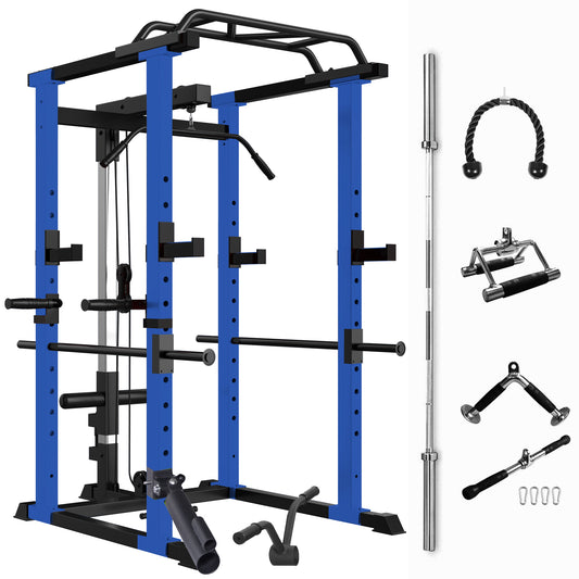 Multi-functional Power Cage, Home Adjustable Pullup Squat Rack 1000Lbs Capacity Comprehensive Fitness Barbell Rack with Gym accessories 7ft Olympic Bar