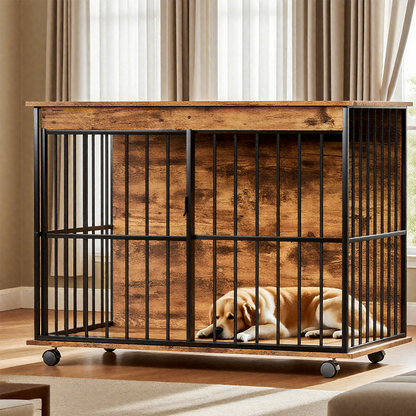 Dog Crate Furniture , Large Dog Cage Furniture with Tray for Medium Large Dogs, Wooden Dog Kennel Furniture