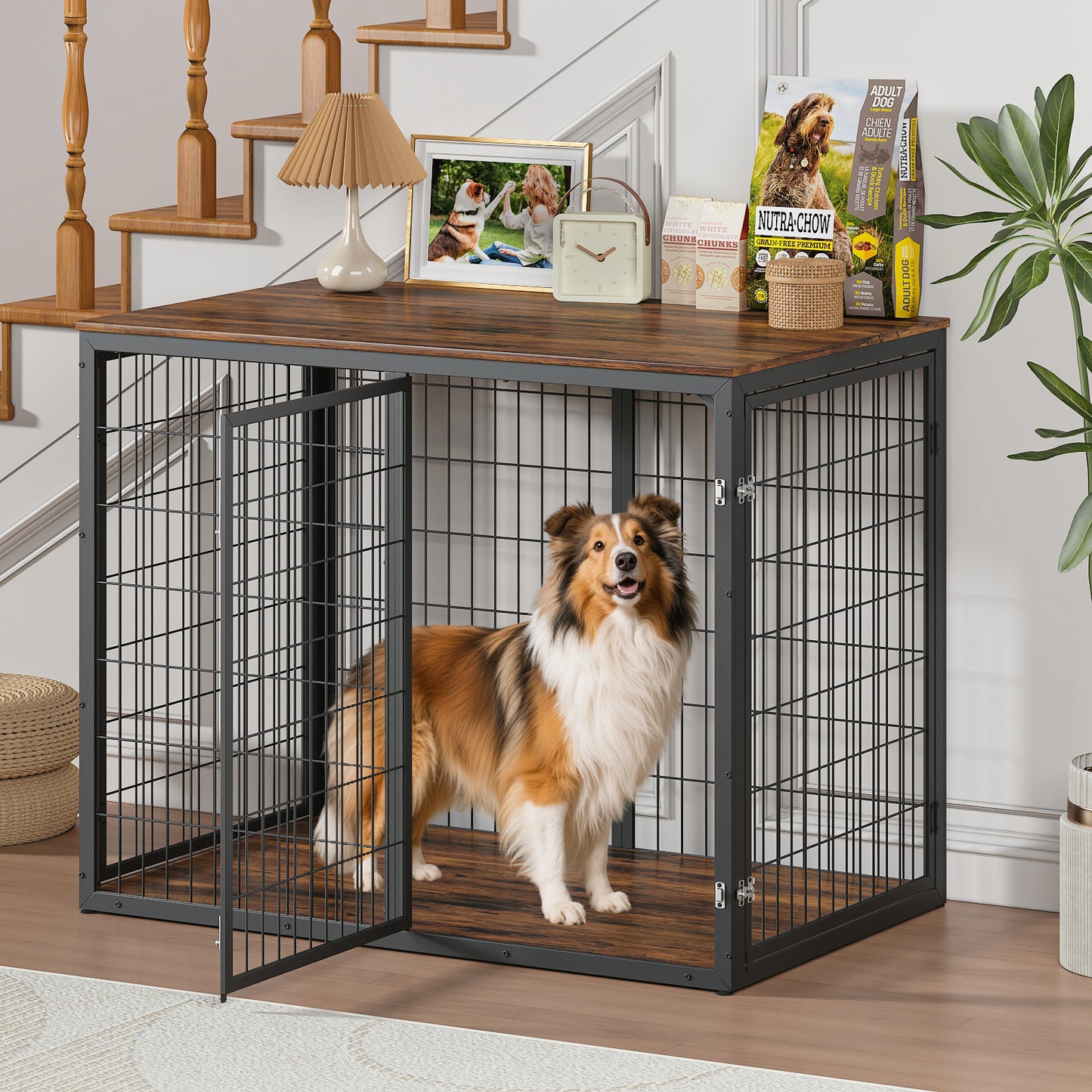 47'' Dog Crate Dog Cage Furniture with 3 Doors,for Large & Medium Dogs.Rustic Brown