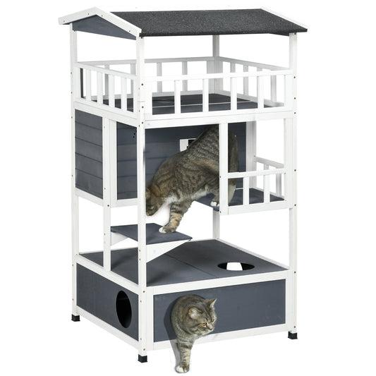 Wooden Outdoor Cat House, Feral Cat Shelter Kitten Tree with Asphalt Roof, Escape Doors, Condo, Jumping Platform, Grey