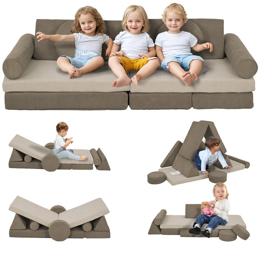 Modular Kids Play Couch, 12 Piece Kids Couch for Playroom Bedroom, Convertible Sofa Lounger for Boys & Girls, Khaki