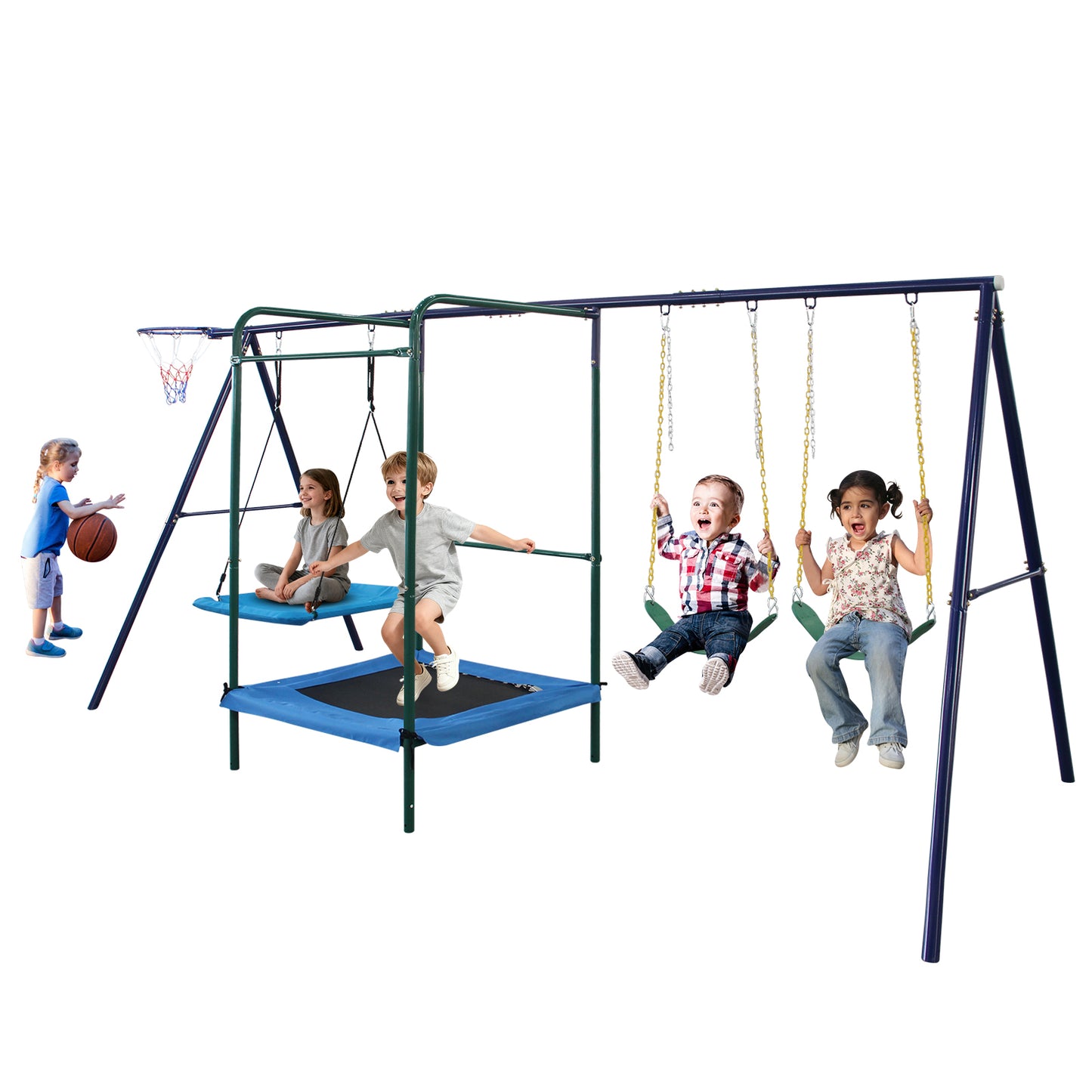 4 in 1 Swing Set With Belt Swing, Hammock Swing, Trampolone,Basket Rim for Backyard