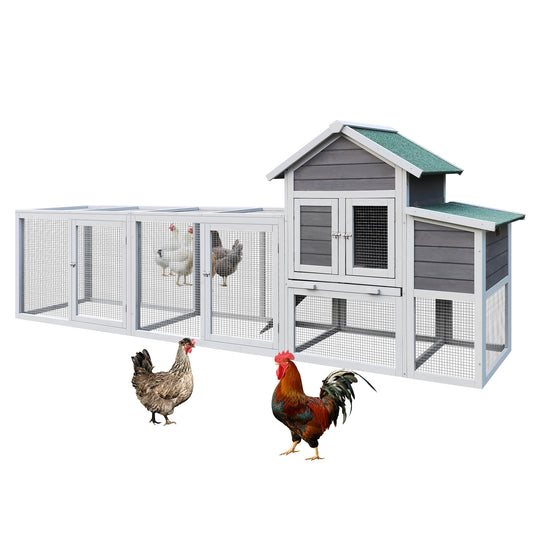 Gray Wooden Chicken Coop Outdoor Hen House with Run, Waterproof Roof & Nesting Box, Rabbit Duck Poultry Cage with Perch, Sliding Tray, and Secure Locks