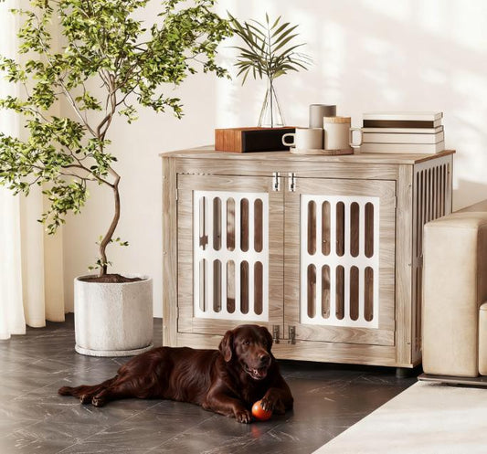 39' Dog Crate Furniture with 2 Doors, Adjustable Non-slip Foot Mats, for All Dogs, Walnut Brown