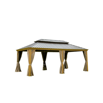 14x20FT Hardtop Gazebo, Permanent Metal Gazebo with Galvanized Steel Double Roof and Aluminum Frame, Curtain and Netting, Large Pavilion Gazebo, Wood Looking