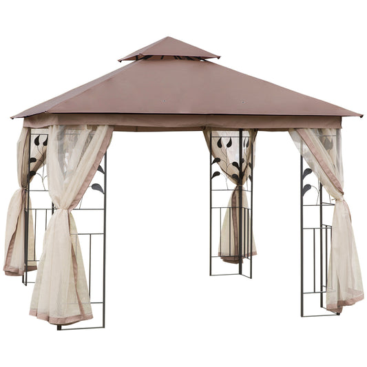 10' x 10' Metal Patio Gazebo, Double Roof Outdoor Gazebo Canopy Shelter with Tree Motifs Corner Frame and Netting, for Garden, Lawn, Backyard, and Deck, Brown