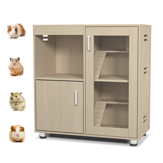 Teak Wood 4-Tier Hamster Cage with Acrylic Windows and Storage Cabinet, 31.50' L x15.75 ' W x 34.65' H