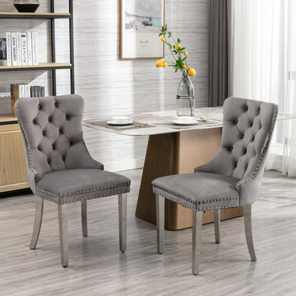 Furniture,Nikki Collection Modern, High-end Tufted Solid Wood Contemporary Velvet Upholstered Dining Chair with Chrome Stainless Steel Plating Legs,Nailhead Trim,Set of 2,Gray and Chrome, SW1701GY