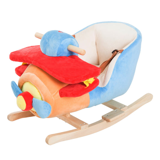 Kids Rocking Horse, Wooden Plush Ride-on Plane Chair Toy with Lullby Song and Seat Belt for 18 Month +