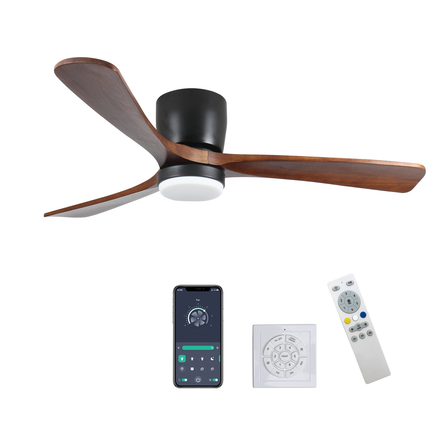 52 inch Black Wood Ceiling Fans with Lights and Remote, Modern Flush Mount Low Profile Ceiling Fan with Light, 6 Speed, Reversible DC Motor, for Bedroom/Outdoor/Farmhouse/Patios