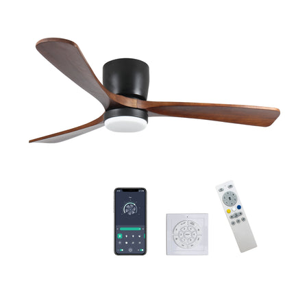 52 inch Black Wood Ceiling Fans with Lights and Remote, Modern Flush Mount Low Profile Ceiling Fan with Light, 6 Speed, Reversible DC Motor, for Bedroom/Outdoor/Farmhouse/Patios