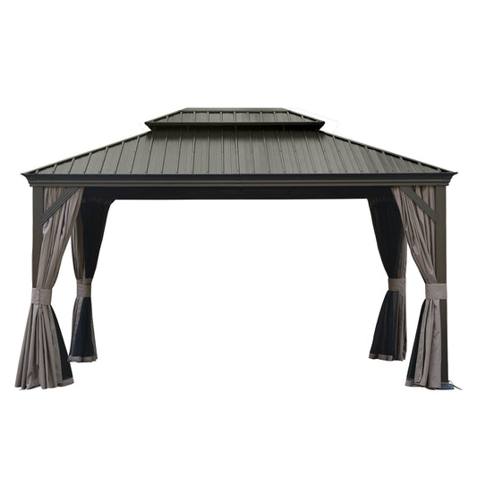 10' X 14' Hardtop Gazebo, Upgraded Metal Gazebo with Drainage System, Dual-Layer Galvanized Steel Roof, Curtain and Netting, Outdoor Shelter Canopy for Patio, Garden, and Backyard, Brown