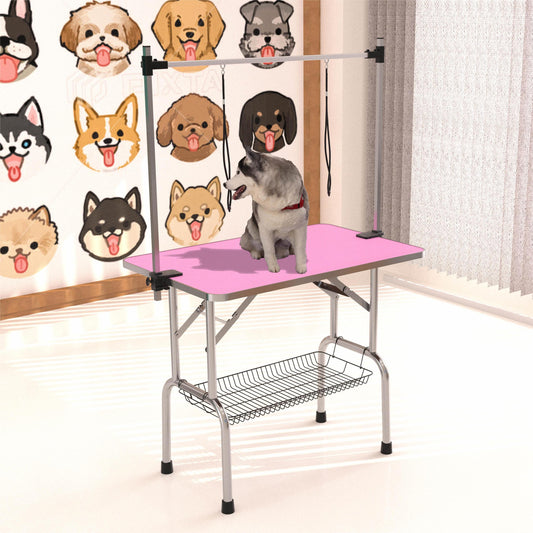 36' Folding Dog Pet Grooming Table Stainless Steel Frame Rubber Mat on Board with Adjustable Arm and Clamps pet dog Cat Grooming Table (PINK COLOR)