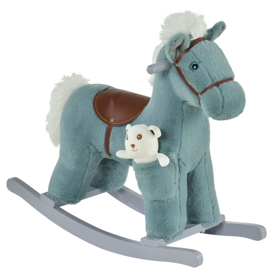 Kids Plush Ride-On Rocking Horse with Bear Toy, Children Chair with Soft Plush Toy & Fun Realistic Sounds, Blue