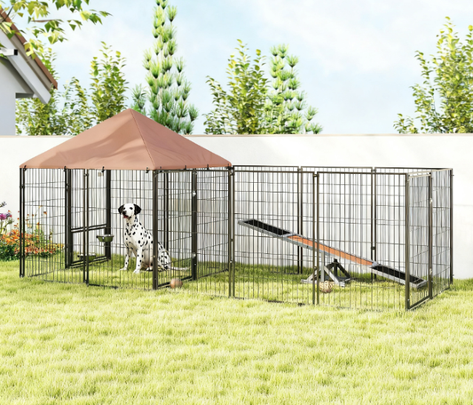 Large Outdoor Dog Kennel with Rotating & Adjustable Height Bowls, Waterproof & UV-Resistant Canopy, Coffee