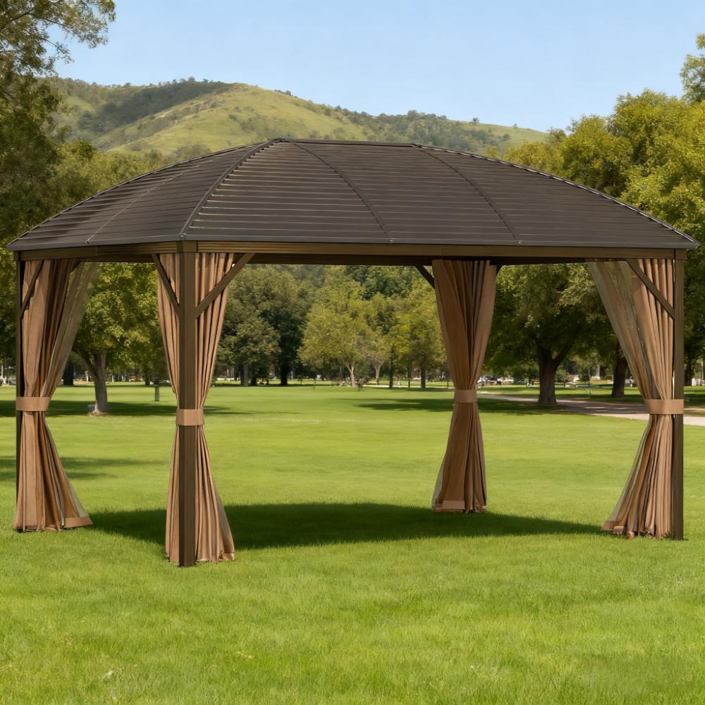 Gazebo 10' x 13' Hardtop Gazebo with Curtains, Netting, Pavilion with Steel Roof Ceiling Hook