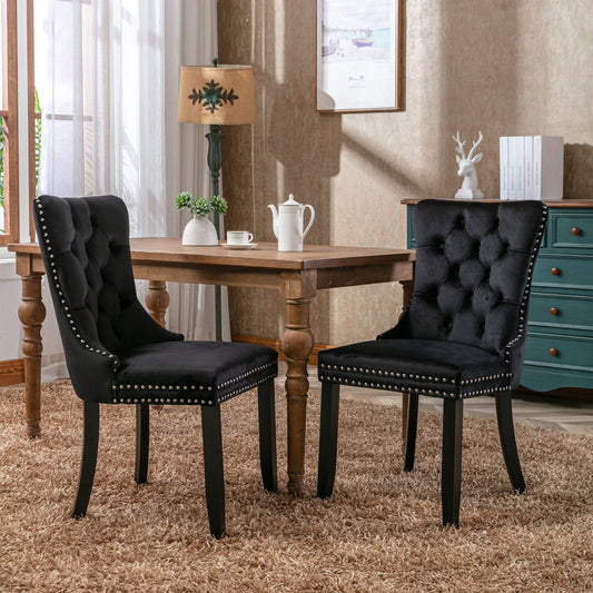 Modern, High-end Tufted Solid Wood Contemporary Velvet Upholstered Dining Chair with Wood Legs Nailhead Trim 2-Pcs Set, Black, SW2001BK