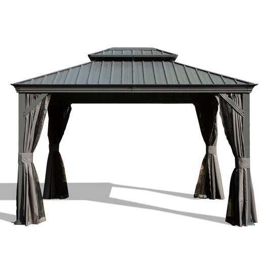 12' X 14' Hardtop Gazebo, Upgraded Metal Gazebo with Drainage System, Dual-Layer Galvanized Steel Roof, Curtain and Netting, Outdoor Shelter Canopy for Patio, Garden, and Backyard, Grey