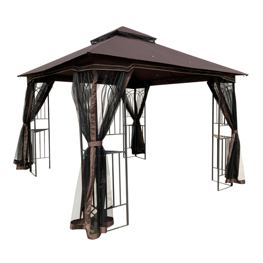 10 x 10 ft Patio Gazebo Tent with Ventilated Double Roof and Mosquito Net, Brown Canopy for Backyard or Garden
