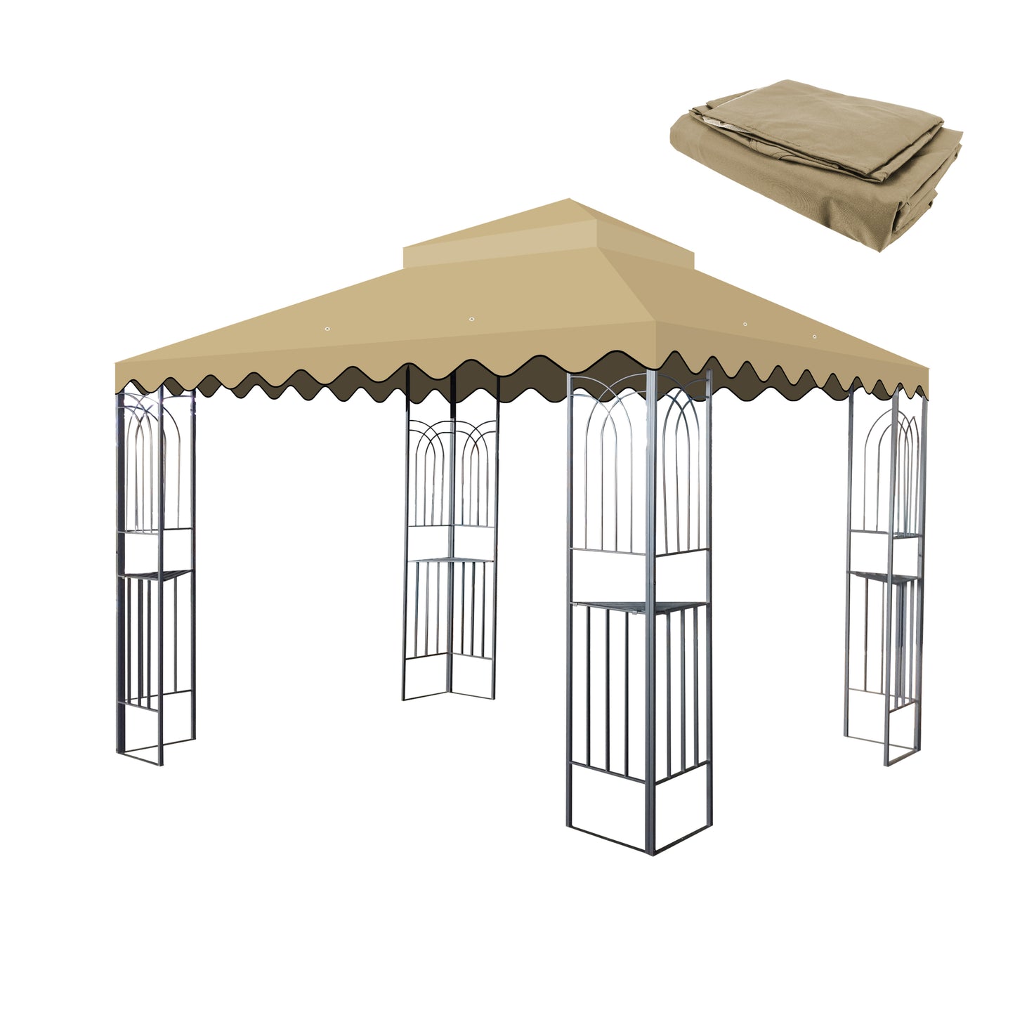 10x10 Ft Outdoor Patio Gazebo Replacement Canopy,Double Tiered Gazebo Tent Roof Top Cover Only wavy border(Frame Not Include)-Tan