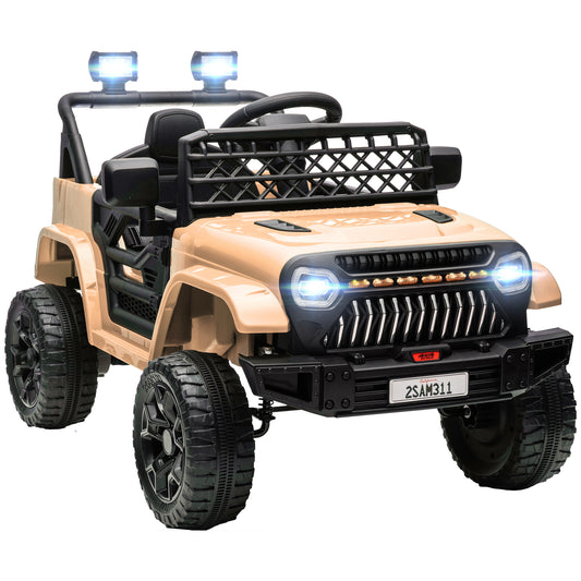 12V Ride On Truck, Battery Powered Kids Electric Car UTV with 4 Suspension Wheels, Remote Control, 3 Speeds, LED Headlights, Horn, USB Music, Khaki