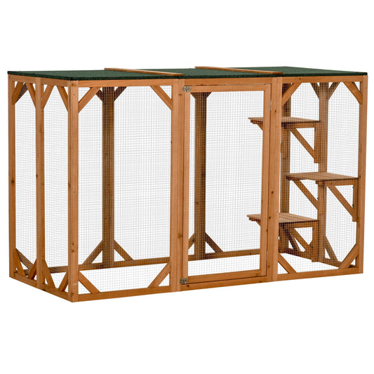 Outdoor Cat House, Catio Wooden Feral Cat Shelter, Cat Cage with Platforms, Large Enter Door, Weather Protection Asphalt Roof, 71' L, Orange