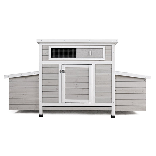 Large Wooden Chicken Coop Outdoor Hen House with 2 Sides Nesting Boxes in Gray+White Matte Wood, 57.87 x 33.86 x 30.55 inches