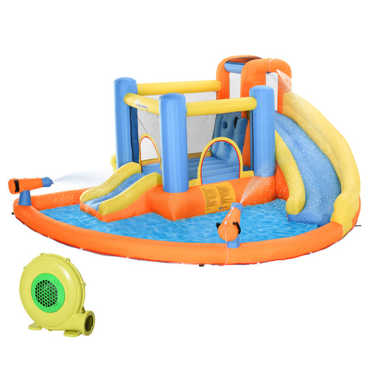 Kids Inflatable Water Slide 5-in-1 Bounce House Water Park Jumping Castle with Water Pool, Slide, Climbing Walls, & 2 Water Cannons, 450W Air Blower