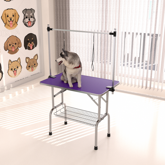 36' Folding Dog Pet Grooming Table Stainless Steel Frame Rubber Mat on Board with Adjustable Arm and Clamps pet dog Cat Grooming Table (PURPLE COLOR)