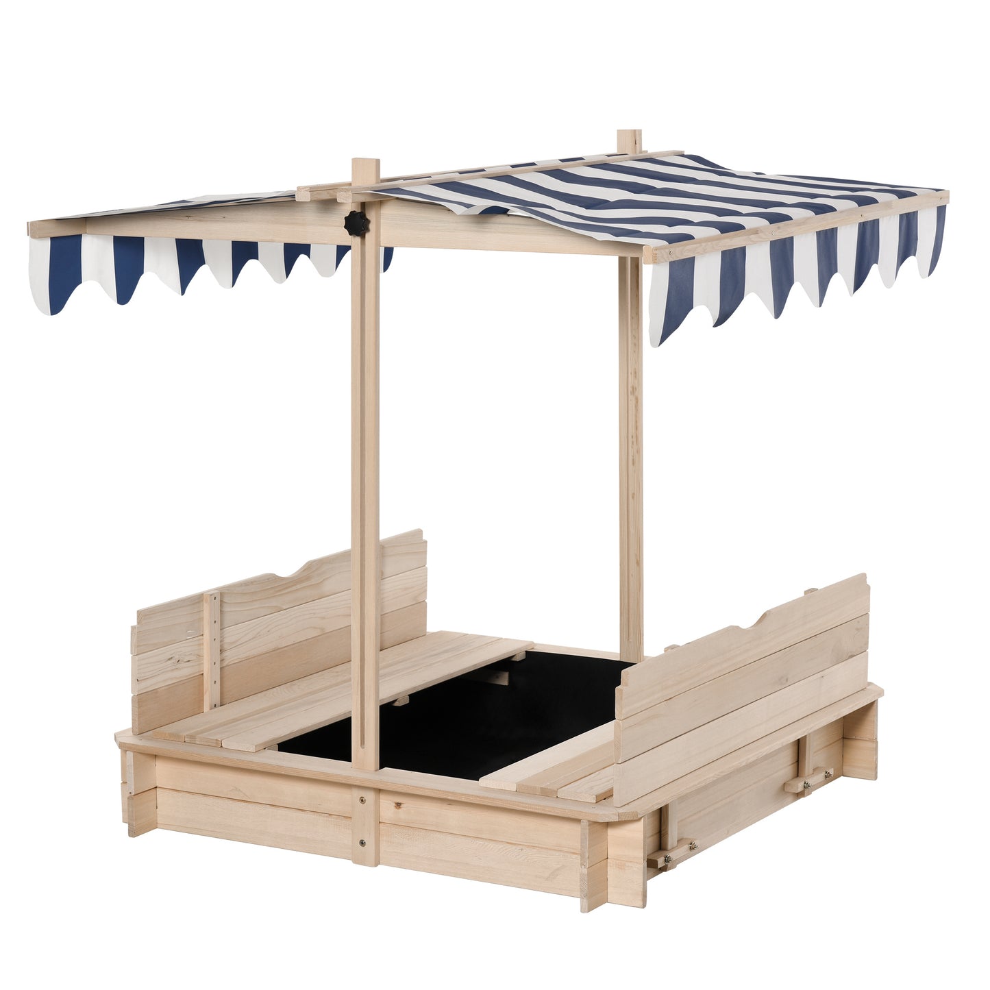 Wooden Kids Sandbox with Cover, Children Outdoor Sand Box with Foldable Bench Seats, Adjustable Canopy, Bottom Liner for Outdoor, Natural