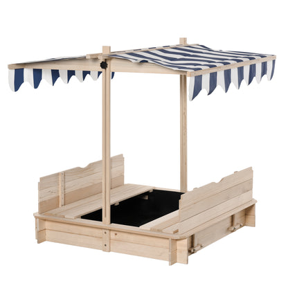 Wooden Kids Sandbox with Cover, Children Outdoor Sand Box with Foldable Bench Seats, Adjustable Canopy, Bottom Liner for Outdoor, Natural