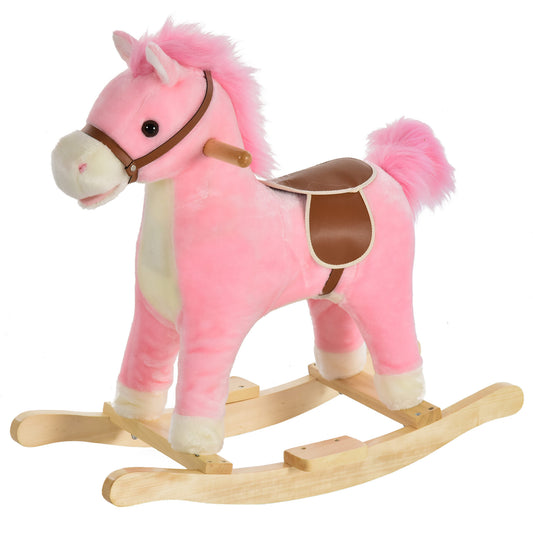 Rocking Horse Plush Animal on Wooden Rockers, Baby Rocking Chair with Sounds, Moving Mouth, Wagging Tail, Pink