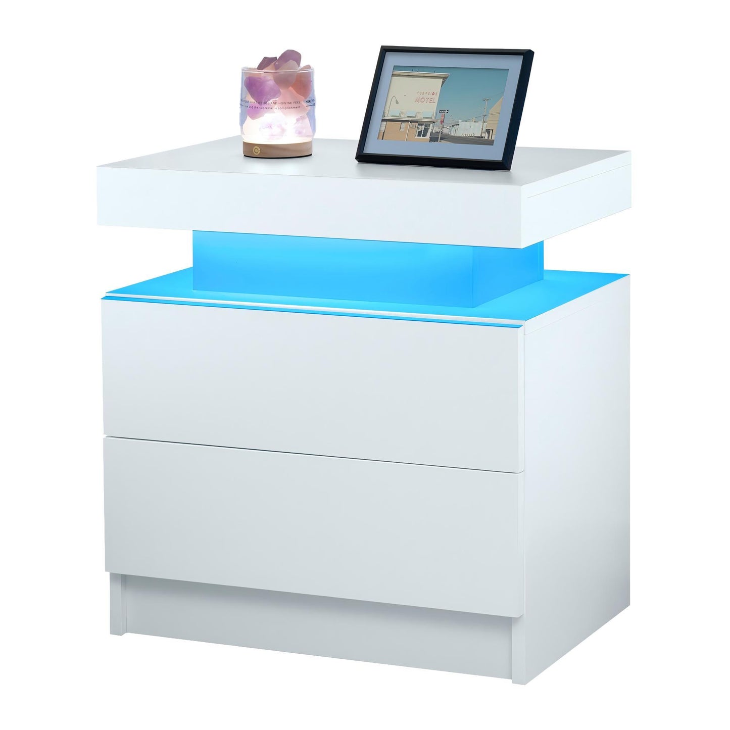 Modern LED Bedside Table Cabinet with Adjustable Lights and 2 Drawers, White, Engineered Wood, 19.30 x 13.70 x 20.50 inches