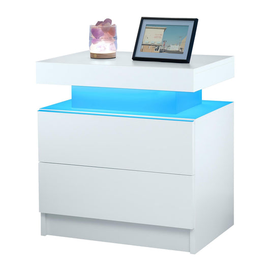 Modern LED Bedside Table Cabinet with Adjustable Lights and 2 Drawers, White, Engineered Wood, 19.30 x 13.70 x 20.50 inches