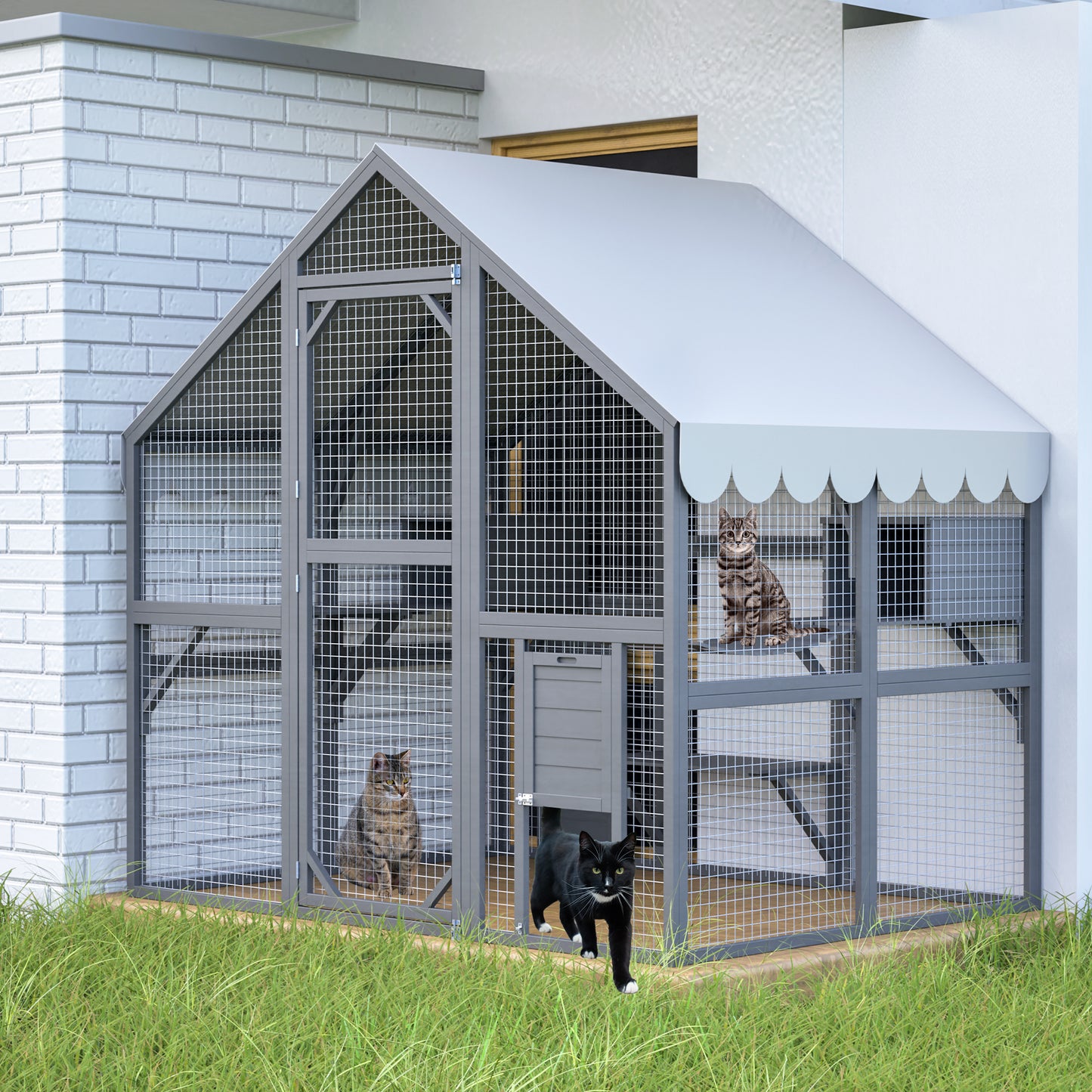 Large Outdoor Cat House, 28ft² Luxury Wooden Cat Run Enclosure Walk in Cat Catio Kitten Condo with 2 Cat Doors, 2 Playpen & Hiding Houses, Bridges, Walks, Roof Cover, Grey