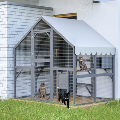 Large Outdoor Cat House, 28ft² Luxury Wooden Cat Run Enclosure Walk in Cat Catio Kitten Condo with 2 Cat Doors, 2 Playpen & Hiding Houses, Bridges, Walks, Roof Cover, Grey