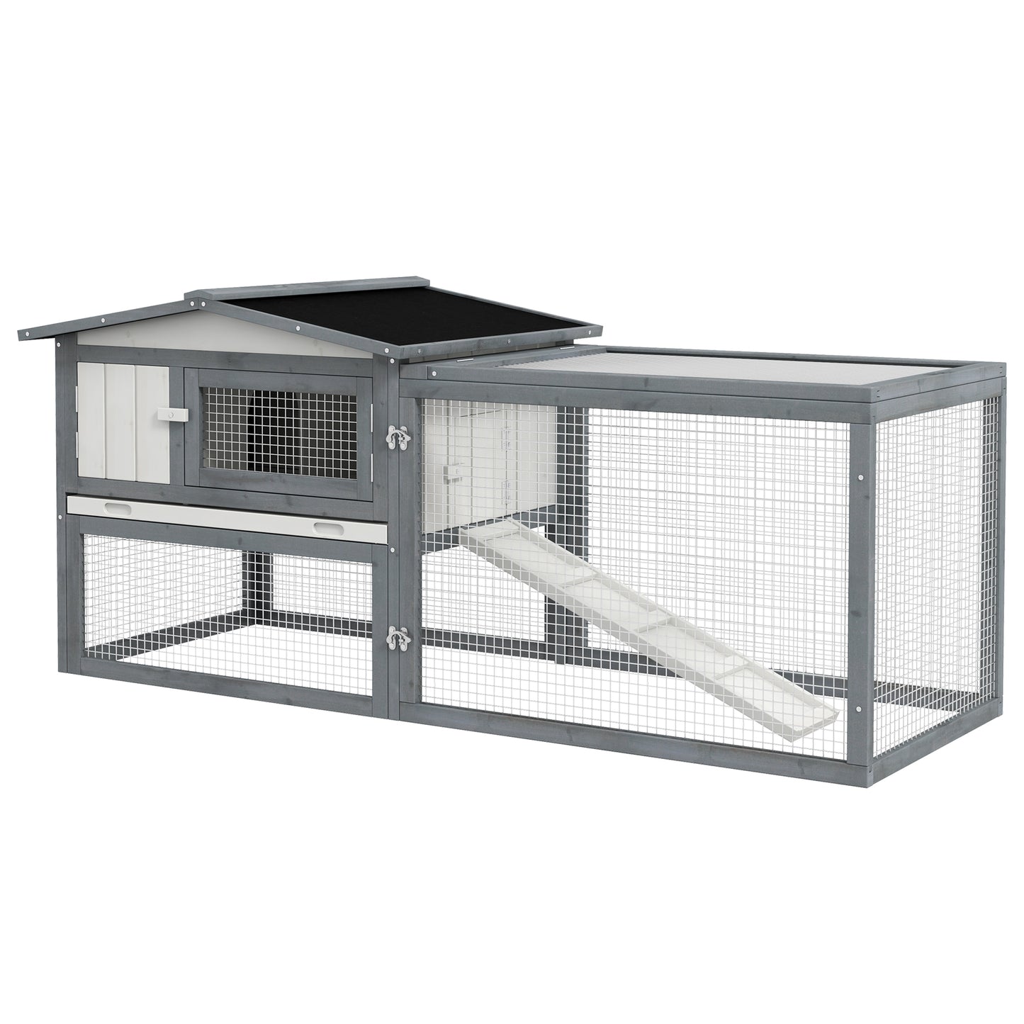 Large Rabbit Hutch Outdoor, 2-Tier 61' L Rabbit Cage with Run Feeding Trough Wooden Guinea Pig Hutch with Removable Tray, Ramp, Asphalt Roof, for 1-2 Rabbits, White