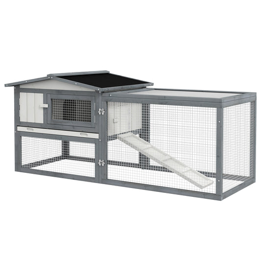 Large Rabbit Hutch Outdoor, 2-Tier 61' L Rabbit Cage with Run Feeding Trough Wooden Guinea Pig Hutch with Removable Tray, Ramp, Asphalt Roof, for 1-2 Rabbits, White