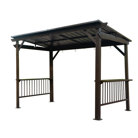 6.5x12FT Hardtop Grill Gazebo, Outdoor BBQ Gazebo with 2 Side Shelves and Sloping Galvanized Steel Roof, Metal Permanent Grill Canopy with Ceiling Hooks for Patio, Lawn, Backyard, Deck, Brown