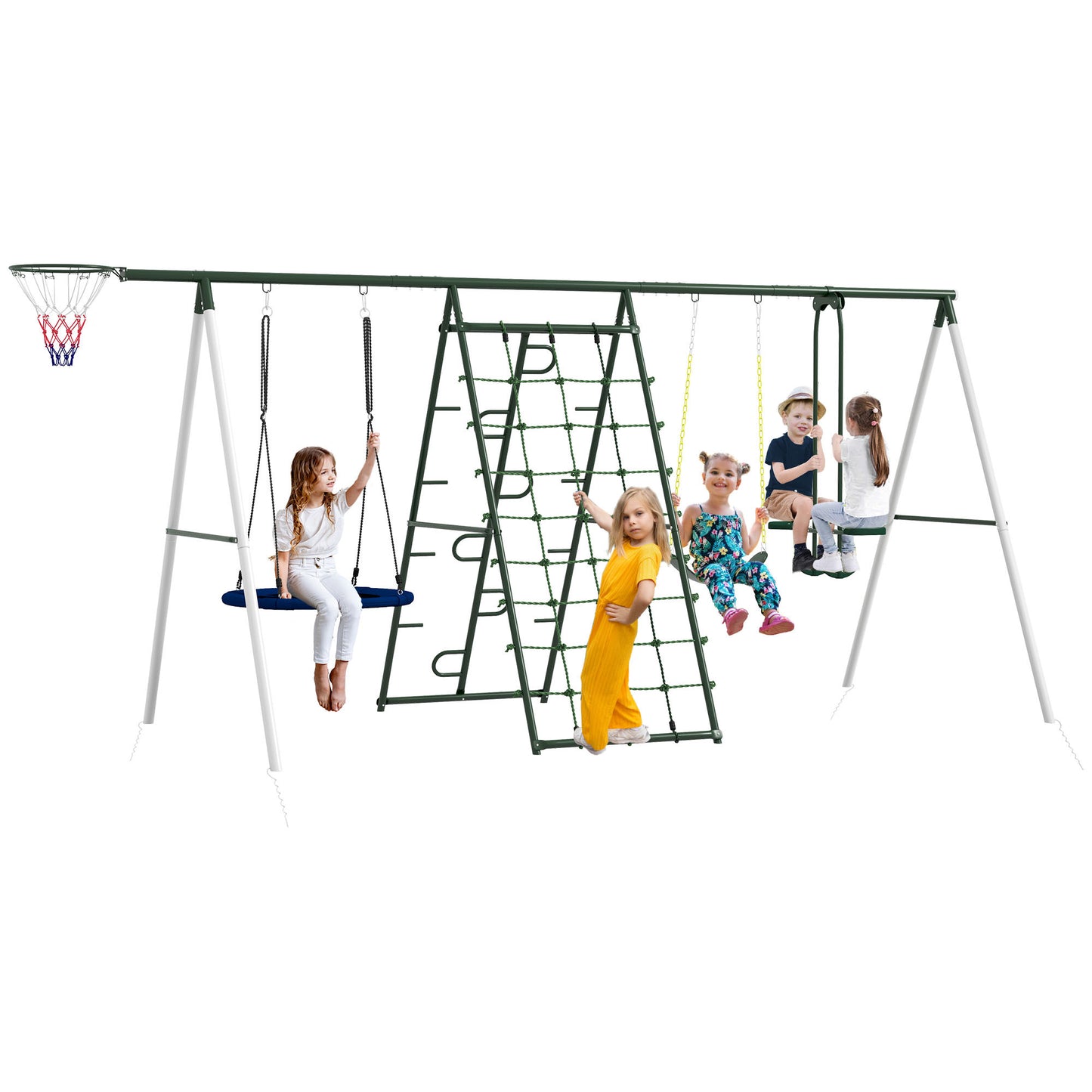 528 lbs Swing Set for Backyard, 5 in 1 Heavy-Duty A-Frame Stand Outdoor Playset for Kids, with Saucer Swing, Slide, Swing Seats, Glider, Basketball Hoop, Climbing Steps and Net