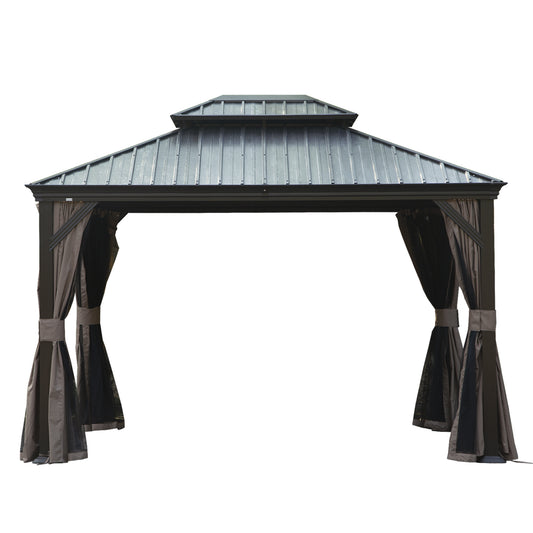 12' X 14' Hardtop Gazebo, Upgraded Metal Gazebo with Drainage System, Dual-Layer Galvanized Steel Roof, Curtain and Netting, Outdoor Shelter Canopy for Patio, Garden, and Backyard, Brown